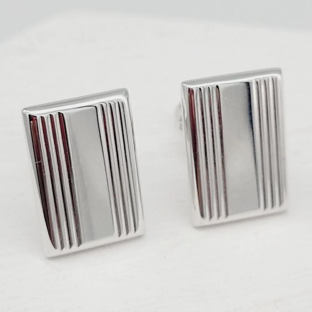 Contemporary Rectangular Cufflinks Silver Tone Clean Lines Men's Accessories